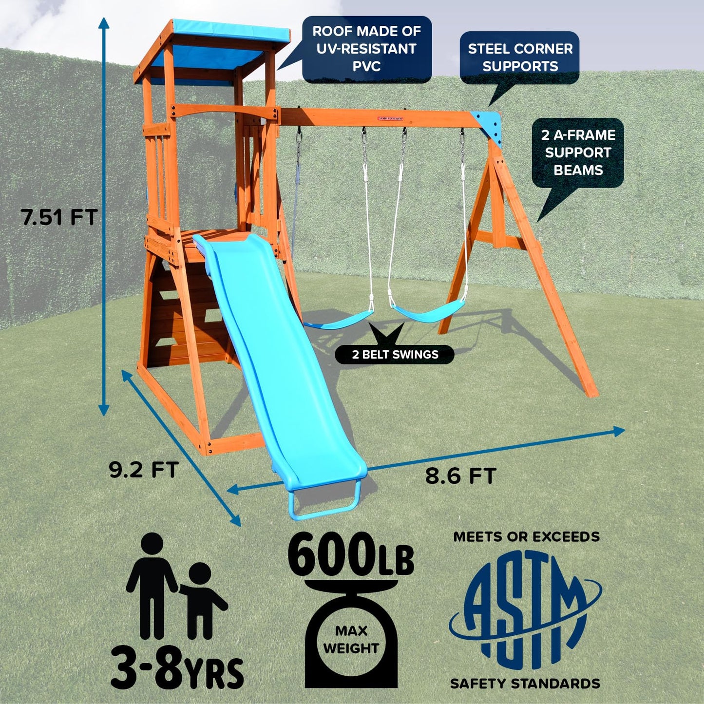 Sportspower Outdoor Grand Teton Cedar Wooden Swing Playset: 2 Swings, Fort, Sandbox, Ladder, 6ft Slide & Ground Anchor Kit
