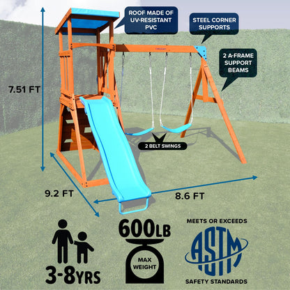 Sportspower Outdoor Grand Teton Cedar Wooden Swing Playset: 2 Swings, Fort, Sandbox, Ladder, 6ft Slide & Ground Anchor Kit