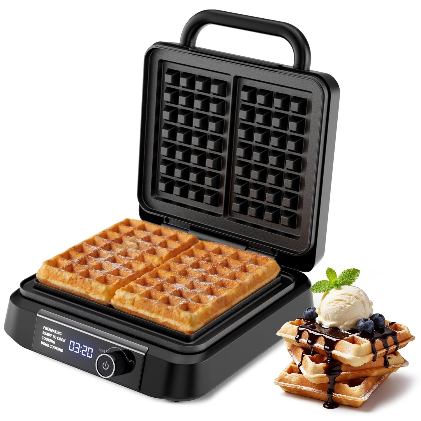Waffle Maker, 1200W Belgian Waffle Maker, Dual Rectangular Thick Waffle Iron, 7-Level Browning LED Panel, Nonstick Plates, Anti-spill Design, Audible Ready Beep, Easy Cleanup, Stainless Steel