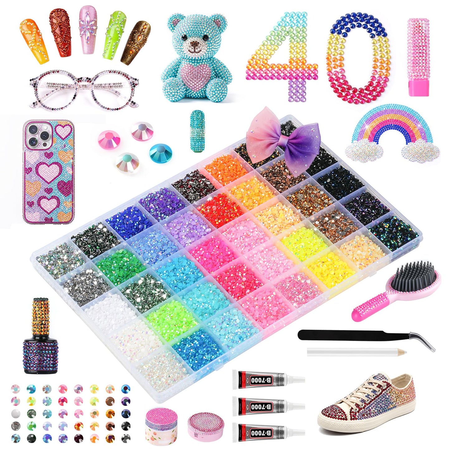 40000Pcs 40 Colors Resin Jelly Rhinestones Kit, 3mm Flatback Rhinestones with 3Pcs B7000 Jewelry Glue & Tools, Bedazzler Kit with Rhinestones, All-in-One Bedazzling Kit for DIY Arts & Crafts Gifts
