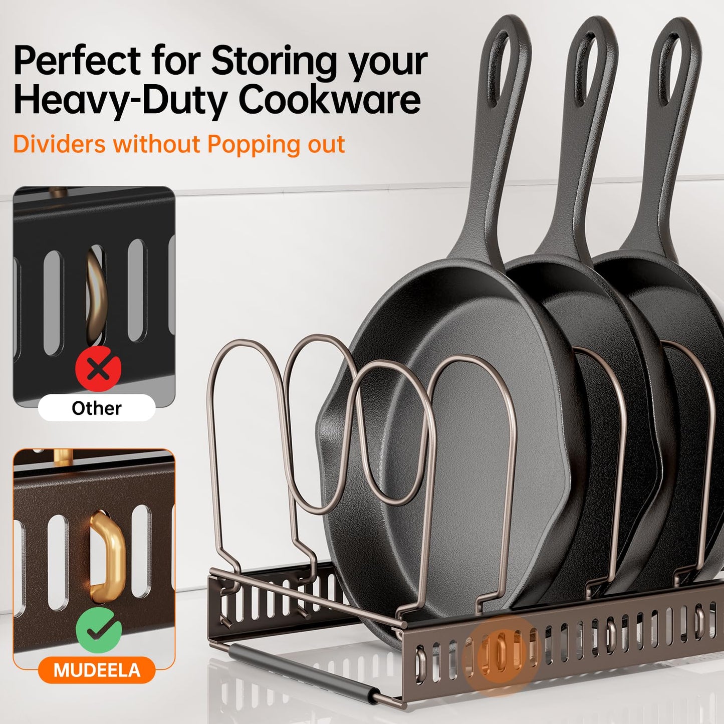 MUDEELA Pots and Pans Organizer Rack for under Cabinet, Expandable 11.81''-22.85'' Pot Lid Kitchen Cabinet Organizer Holder with 10 Adjustable Compartment Cutting Board Organizer for Pan Lid, Bakeware