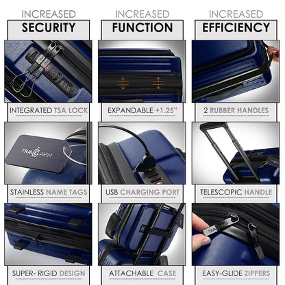 TRAVELARIM Navy Hardshell Luggage Sets 4 Piece, Durable Suitcase Set, Travel Luggage Set with Integrated TSA Lock, 360° Spinner Wheels, Expandable Medium and Large Checked Suitcase, 20/24/28 Inch