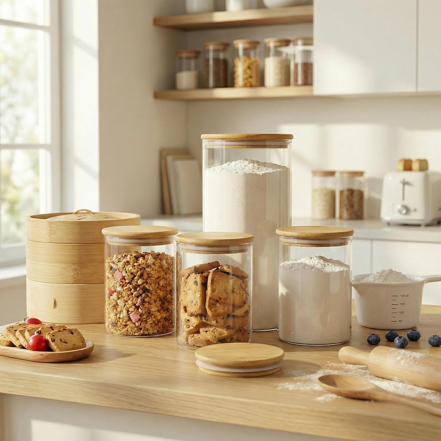 180oz x2 [Set 2], HomArtist Large Glass Flour and Sugar Containers of Glass Food Storage Containers with Bamboo Lids