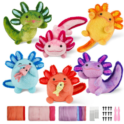 MOREJMTT Needle Felting Kit, 6 PCS Animal Needle Felting Beginner Kits, Wool Felt Needle Felting Tools Foam Pad, Craft Party Supplies for Beginners Adult(6pack Axolotl)