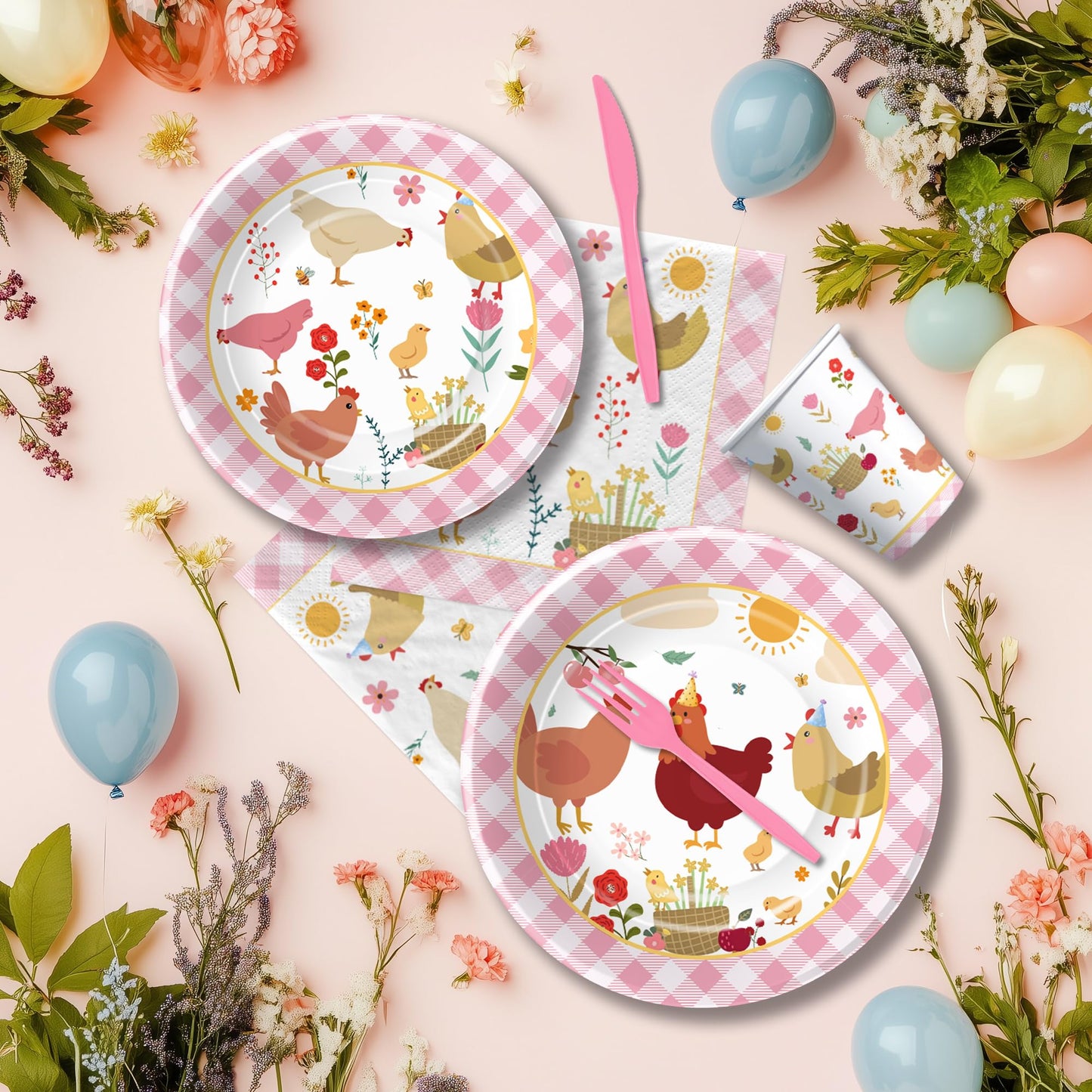 Suhelkit Chicken Party Decorations Tableware for Birthday Baby Shower, Farm Animal Barnyard Little Chick Birthday Party Supplies, Plate, Cup, Napkin, Straws, Disposable Cutlery, Tablecloth, 24 Guests