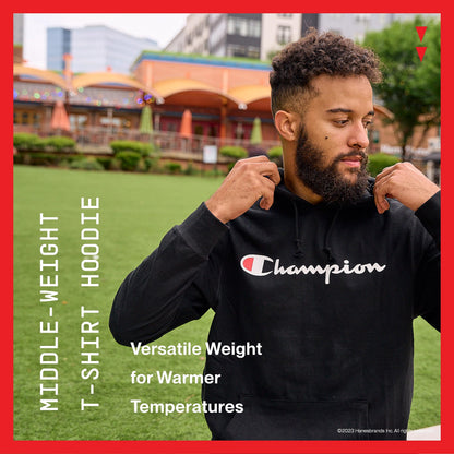 Champion Men's Pullover T-Shirt Hoodie, Standard Fit, Midweight, Navy-Classic Script Logo, Medium