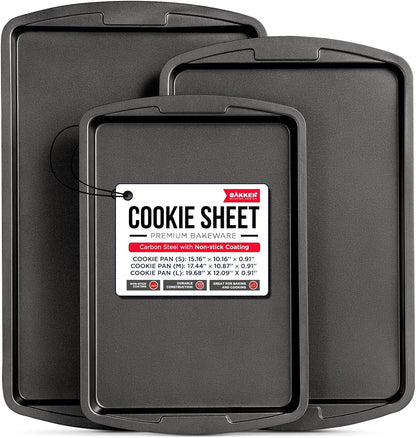 Bakken Swiss Cookie Sheet 3 Piece Set, Non-Stick Stackable Baking Pans with Gray Deluxe Ceramic Coating, Dishwasher Safe