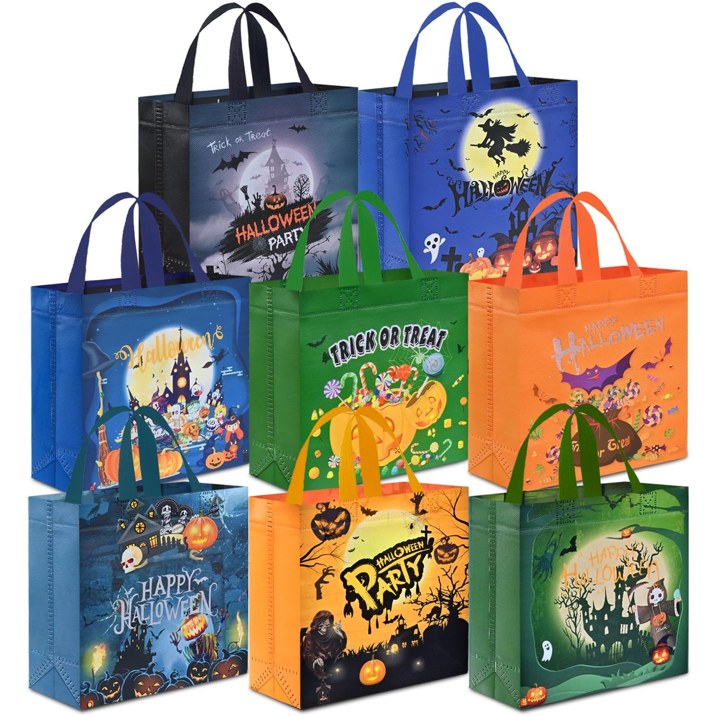 AhfuLife 16 Pcs Halloween Trick or Treat Bags, Candy Tote Bags with Handles, Reusable Non-Woven Gift Bag for Halloween Party Supplies Favors (7.8×7.8×3.1’’)