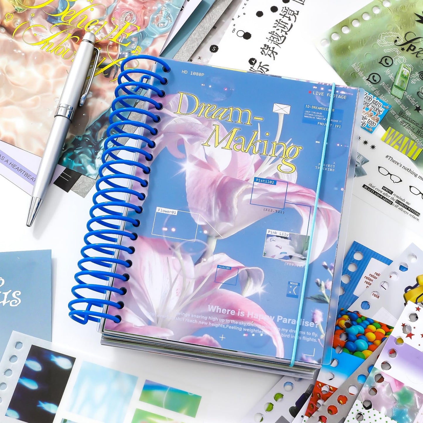 ZHIJIANHZ Premium Stcker Book for Scrapbooking, 65 Sheets Including Patterned, Vellum and Glitter Paper, Junk Journal Supplies for Adults with Vintage Stickers, 4.9 x 6.9 Inches