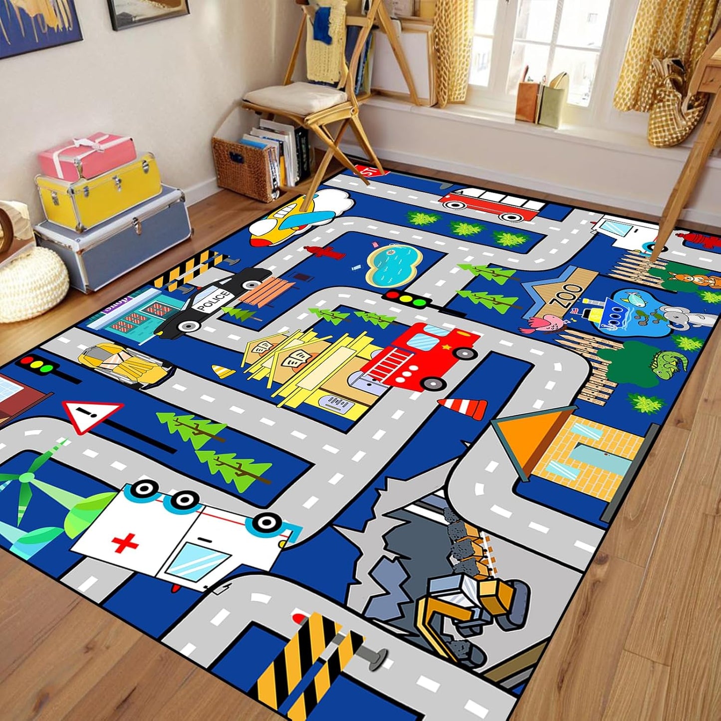 4.5x6 Kids Car Rug Play Mat - City Life Map Car Mat for Kids Toy Educational Play Traffic Road Carpet for Childrens