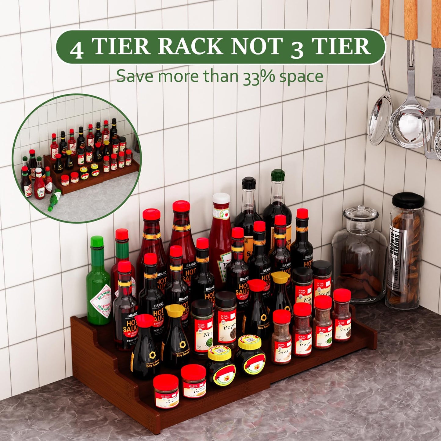 Spice Rack Organizer for Cabinet, 4 Tier Expandable Spice Rack, Bamboo Spice Organizer for Kitchen Cabinet, Pantry and Countertop Organization, Set of 2- Brown