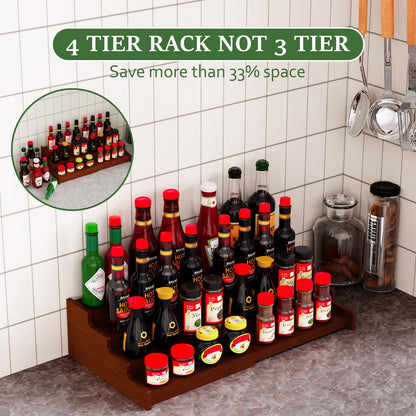Spice Rack Organizer for Cabinet, 4 Tier Expandable Spice Rack, Bamboo Spice Organizer for Kitchen Cabinet, Pantry and Countertop Organization, Set of 2- Brown