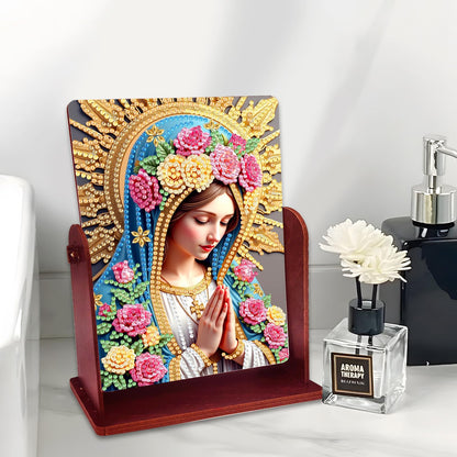 pigpigboss Virgin Mary Diamond Painting Rotate Mirror Kit, 5D DIY Religious Rose Virgin Mary Pray Diamond Art Makeup Mirror for Adult Beginner Home Office Holiday Desktop Decor