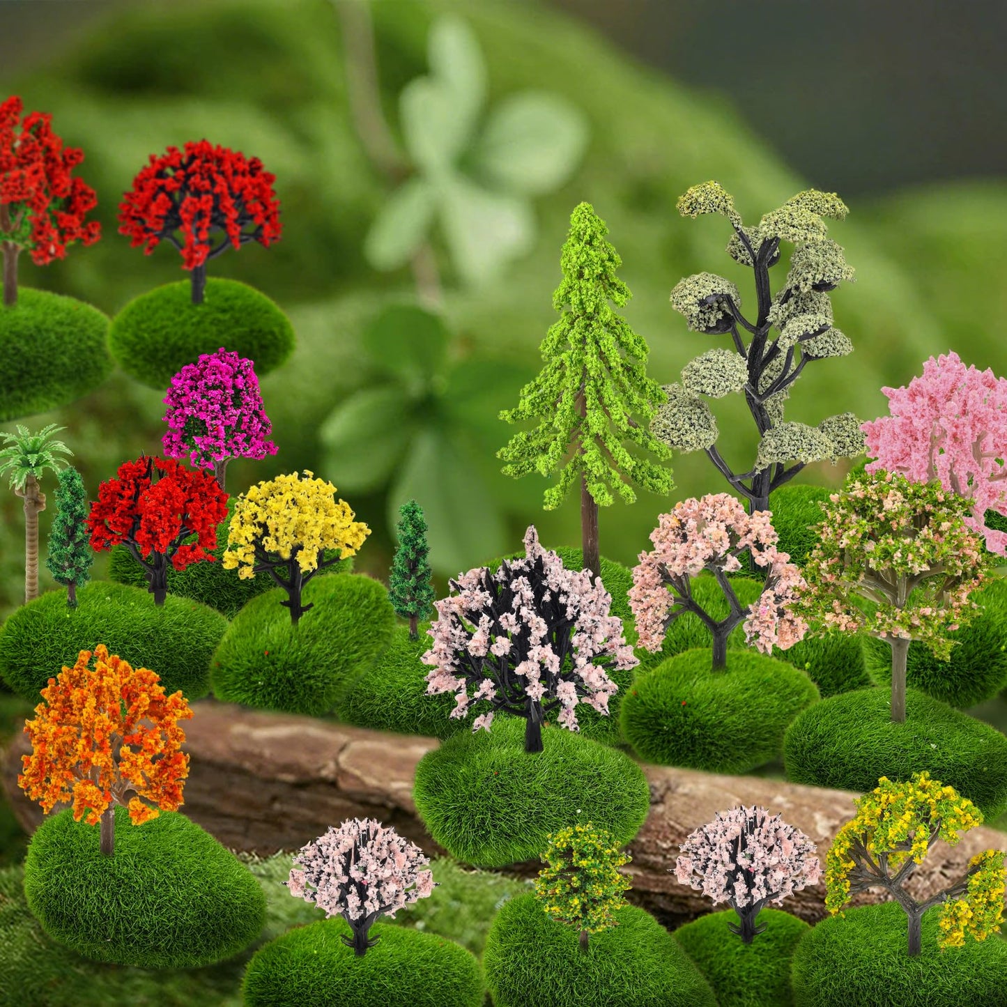 QUOZUO 42Pcs Model Miniature Trees with Moss Stones, Model Train Scenery, Mixed Model Colourful Trees for Building Model, Natural Green Landscape, Railroad Scenery