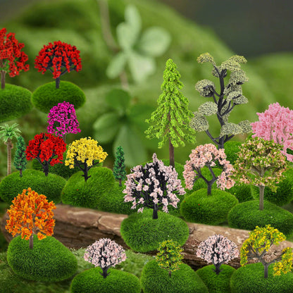 QUOZUO 42Pcs Model Miniature Trees with Moss Stones, Model Train Scenery, Mixed Model Colourful Trees for Building Model, Natural Green Landscape, Railroad Scenery