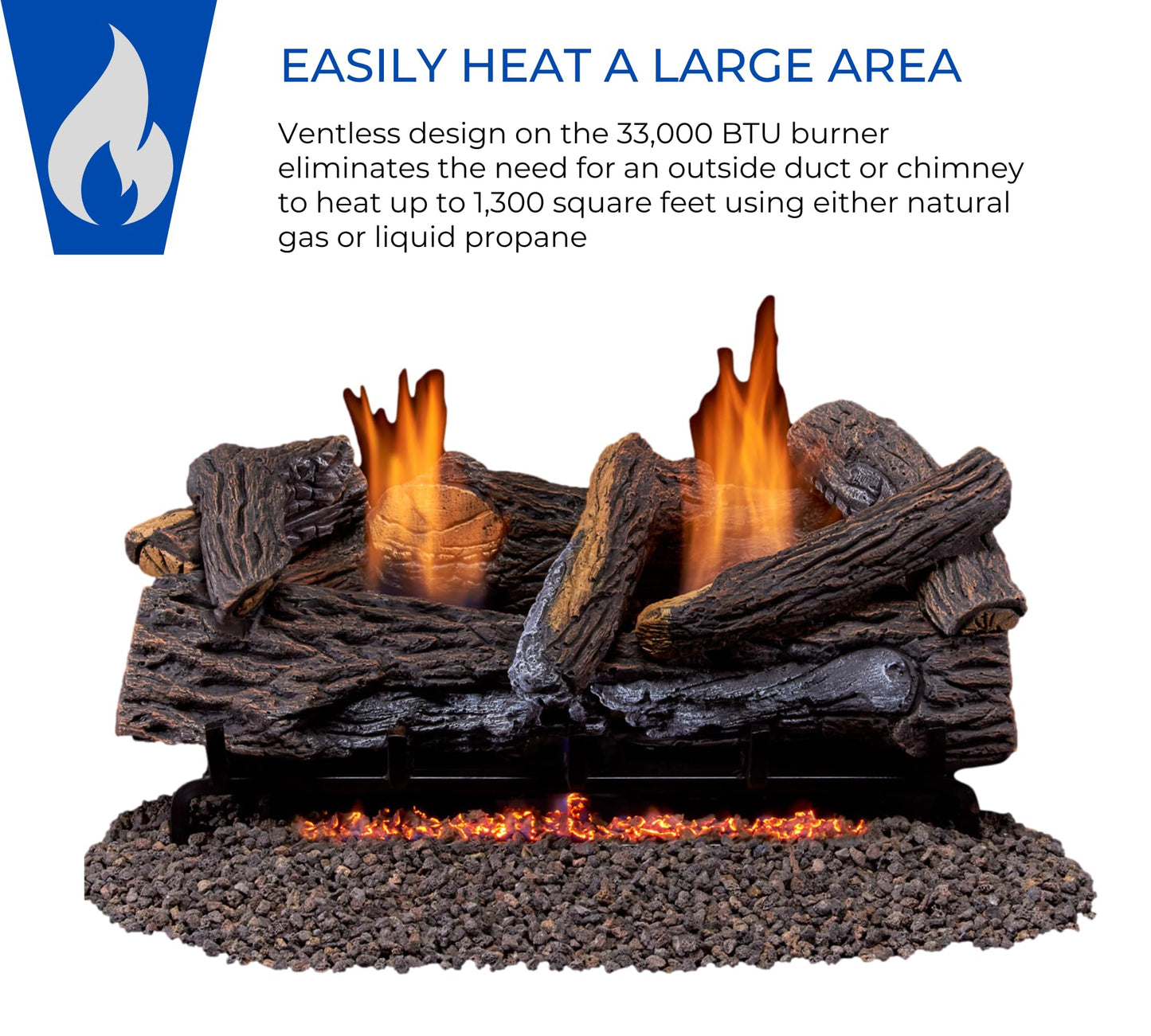 Duluth Forge Ventless Liquid Propane Gas Log Set - 24 in. Stacked Oak, 33,000 BTU, T-Stat Control - Model# DLS-L24T-2