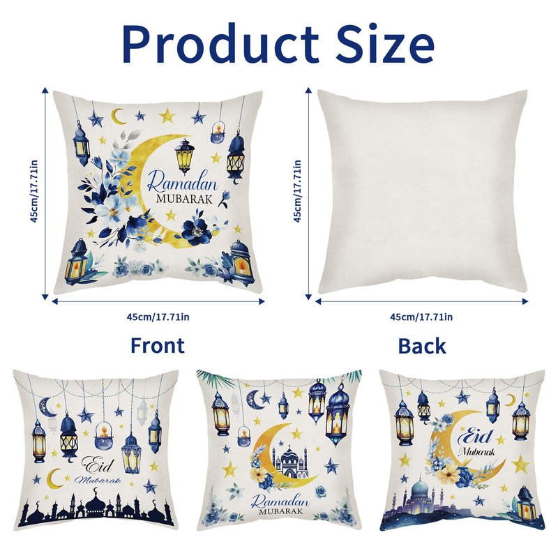 CRASHOT Ramadan Pillow Covers 18 x 18, 4 Pcs Blue and Gold Moon Floral Throw Pillow Cases, Linen Ramadan Decorations for Home, Islamic Festival Holiday Decor for Sofa Couch