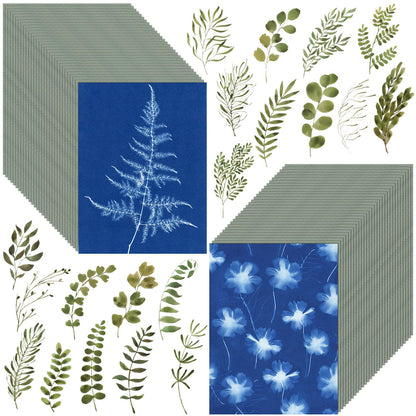 LIGHOON 60 PCS Cyanotype Sun Print Kit, A5 Sensitive Solar Art Paper Kit with 20 Pcs Leaf Sticker for DIY Arts Crafts Projects