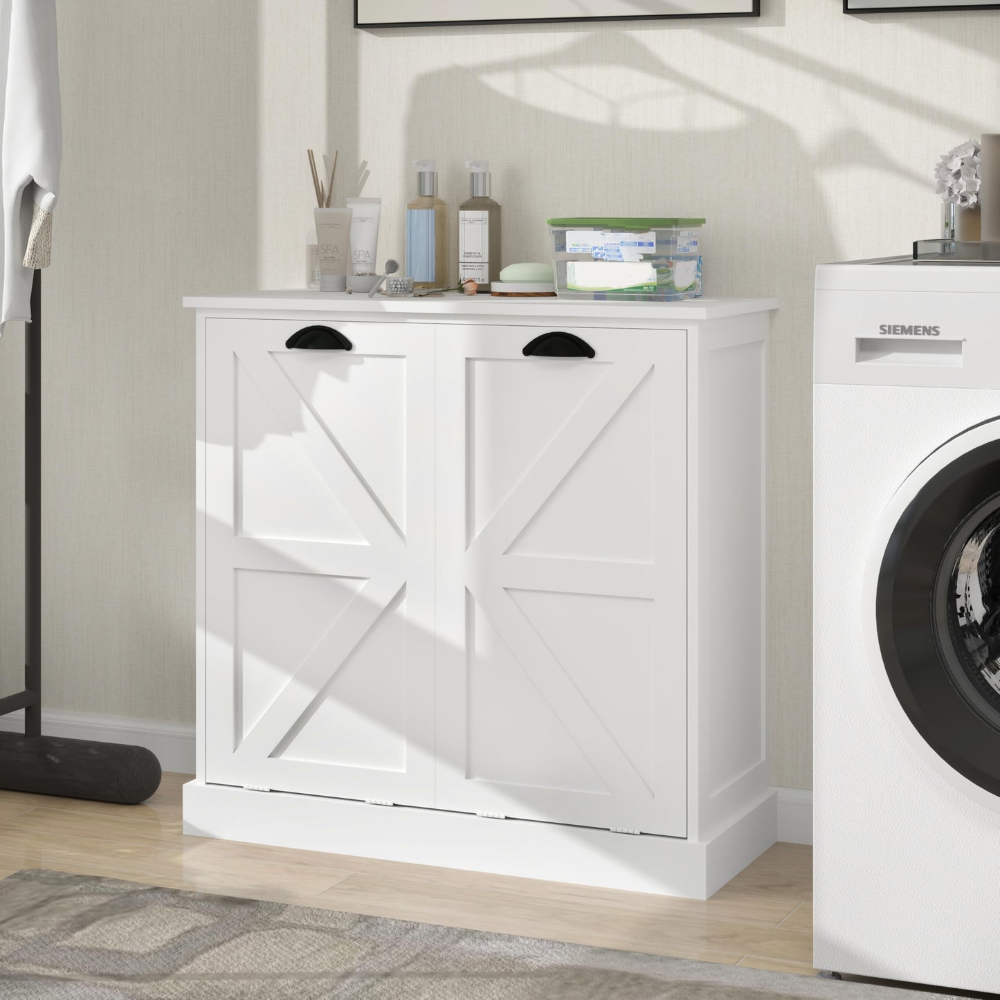 Two Compartment Tilt Out Laundry Sorter Cabinet White