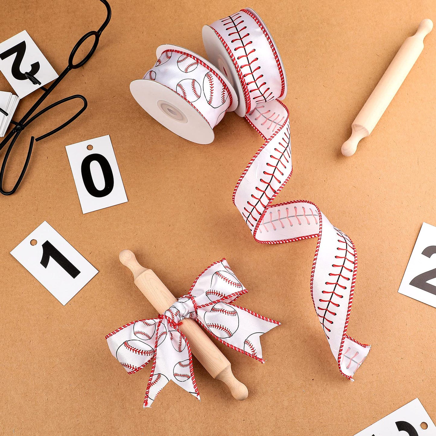 2 Rolls 20 Yards Baseball Ribbons Red White Wired Edge Fabric Ribbons 1.5 Inch Sport Stitching Satin Wired Ribbon for Present Wrapping DIY Crafts Decoration