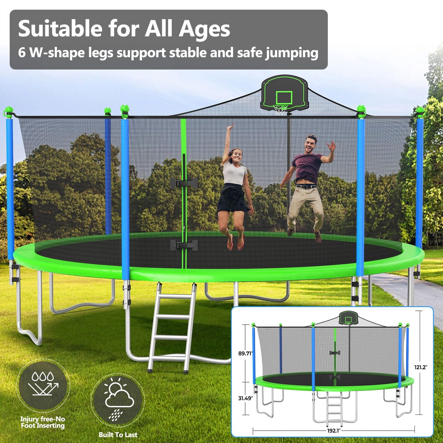 Lyromix Upgraded 16FT Trampoline with Lights, Large Outdoor Trampoline with Sprinkler,Basketball Hoop and Net, Capacity for 5-8 Kids and Adults, Teal Blue