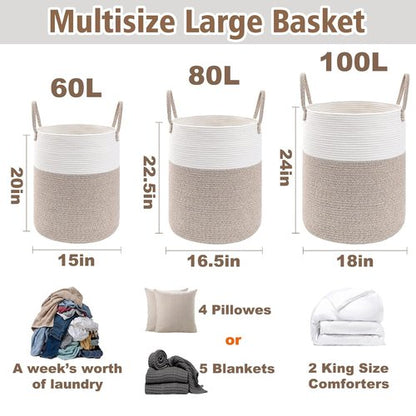 JMvicyroam Large Woven Laundry Basket - 80L Cotton Rope Storage Bin for Toys, Blankets & Clothes | Brown