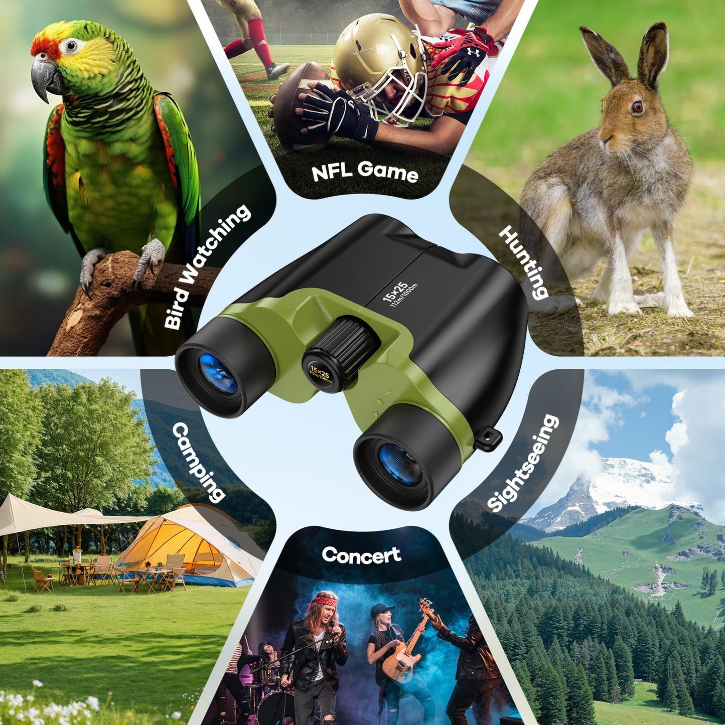 High Powered 15x25 Compact Binoculars for Adults&Kids with BAK4 Prism,FMC Lens,Waterproof Binocular with Low Light Vision,Small Binoculars for Cruise Ship/Theater/Travel/Sightseeing (Green)