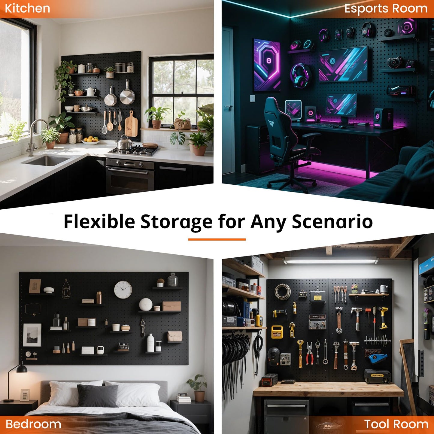 ENJOYWOOD Pegboard, 2 PCS 24"×16" Metal Peg Board Panels Black Modular Wall Organizer Kit with 30 Hooks, Dual-Size Hole Design for Home Tool Storage, Garage Organization, Kitchen, Office, Craft Room