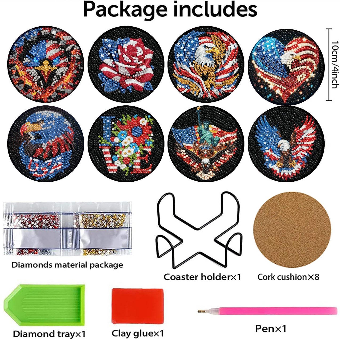 8 Pcs Ameriacn Flag Eagle Diamond Art Coasters Kits for Adults,DIY 4th of July Crystal Diamond Painting Coaster Kits with Holder, Independence Day Coasters Craft Supplies for Decor Gifts