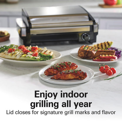 Hamilton Beach Electric Indoor Searing Grill with Viewing Window & Adjustable Temperature Control to 450F, 118 sq. in. Surface Serves 6, PFAS-Free Removable Nonstick Grate, Stainless Steel