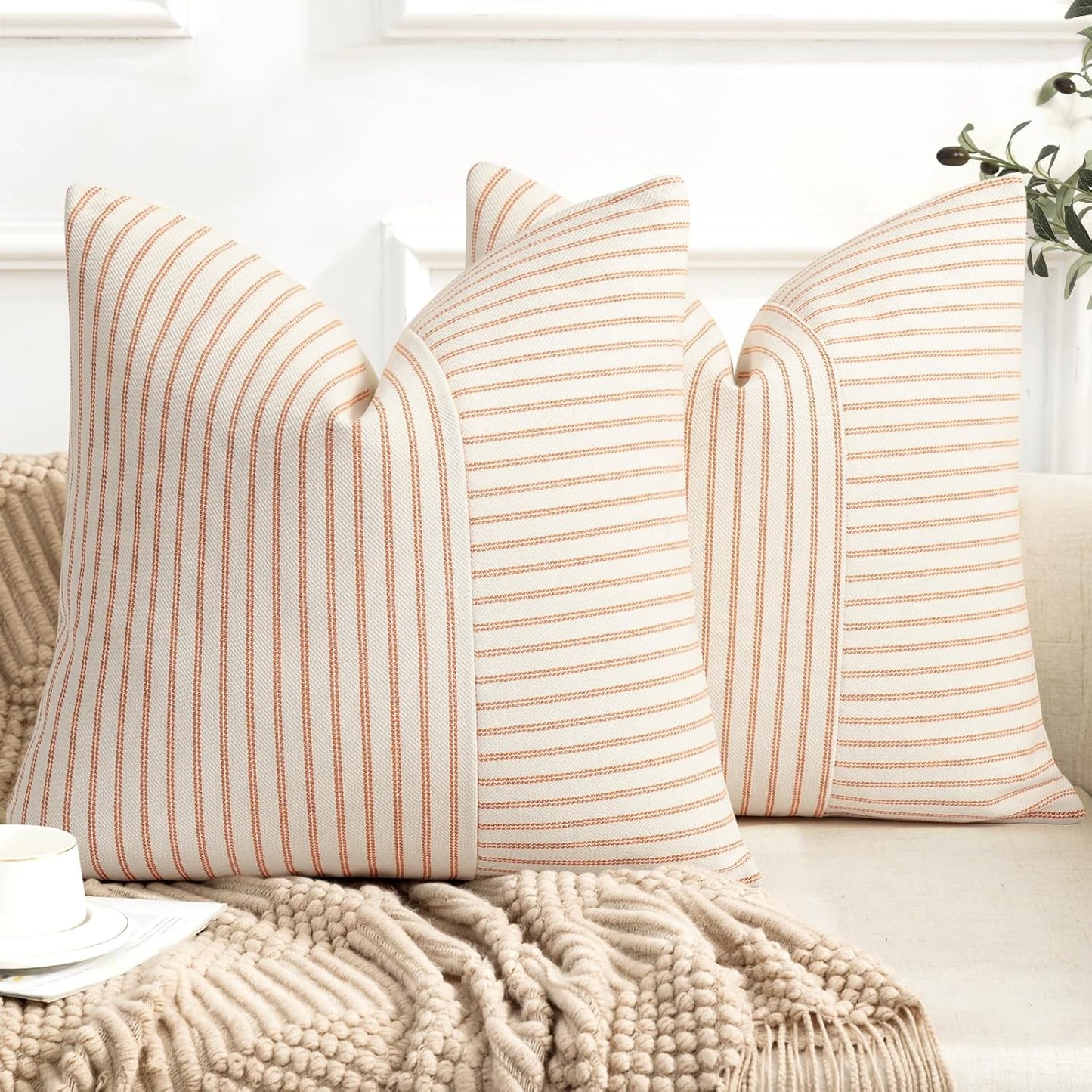 24x24, Set 2, YCOLL Fall Pillow Covers Modern Accent Throw Pillow Covers of Burnt Orange Striped Patchwork Linen