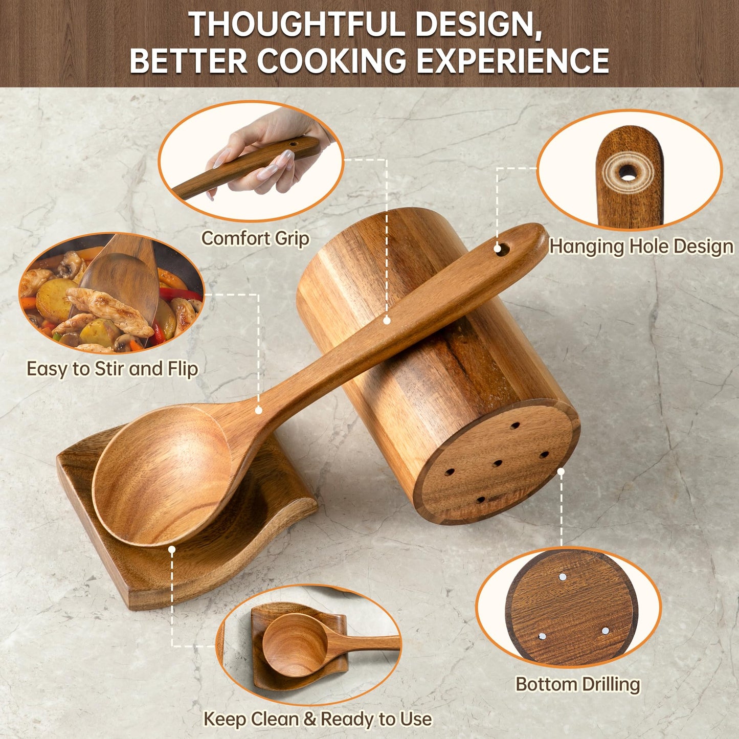 FYCTIO Wooden Utensil Set 8 PCS - Natural Non-Toxic Acacia Wooden Spoons for Cooking, Nonstick, Sturdy,Easy to Clean, Wood Kitchen Utensils Set with Holder, Spoon Rest, Ideal for Gifting
