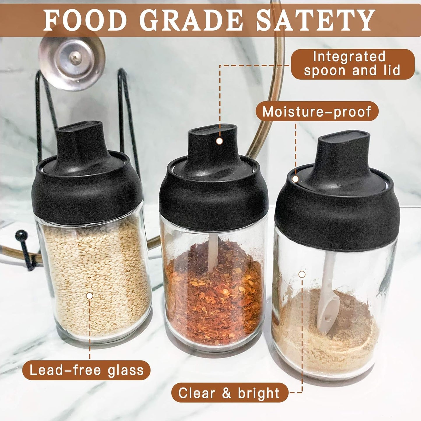Spice Containers Glass, 3Pcs Kitchen Glass Condiment Containers with Lids, 8 oz Spice Jars, Moisture-Proof Seasonings
