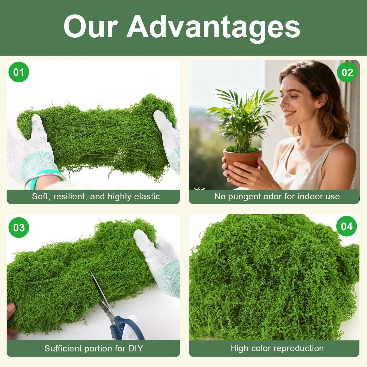 MGLIFEUL 12OZ Artificial Fake Moss for Crafts Plants Indoor with Non-Stick Gloves and Tweezers，Preserved Green Plant Faux Craft Moss Musgo for Fairy Garden Indoor Outdoor Home Decorating Model Making