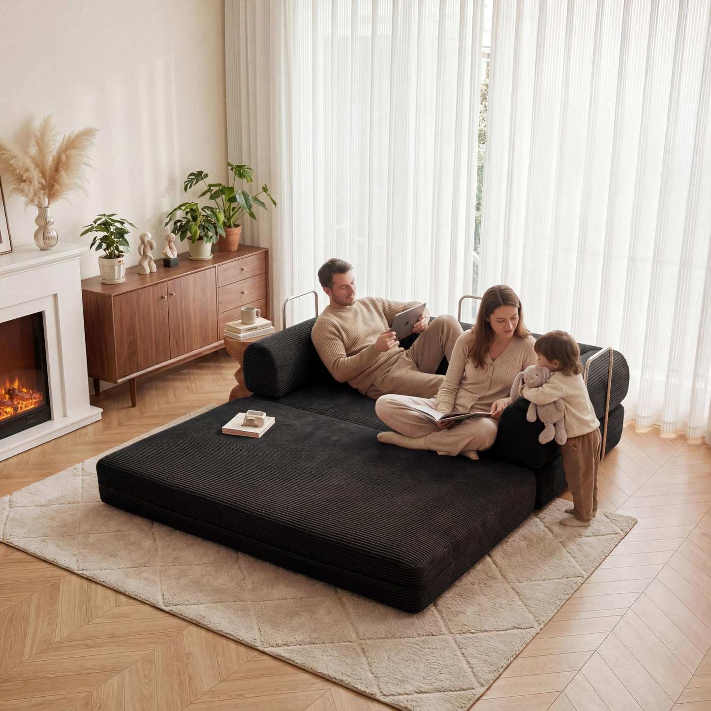 HouseMila 53.15" Boneless Couch,4-in-1 Futon Sofa Bed Modular Loveseat Sleeper Folding Compressed Couch with Pillows,No Assembly Required Convertible Sofa Bed for Living Room Bedroom Guest Room,Black