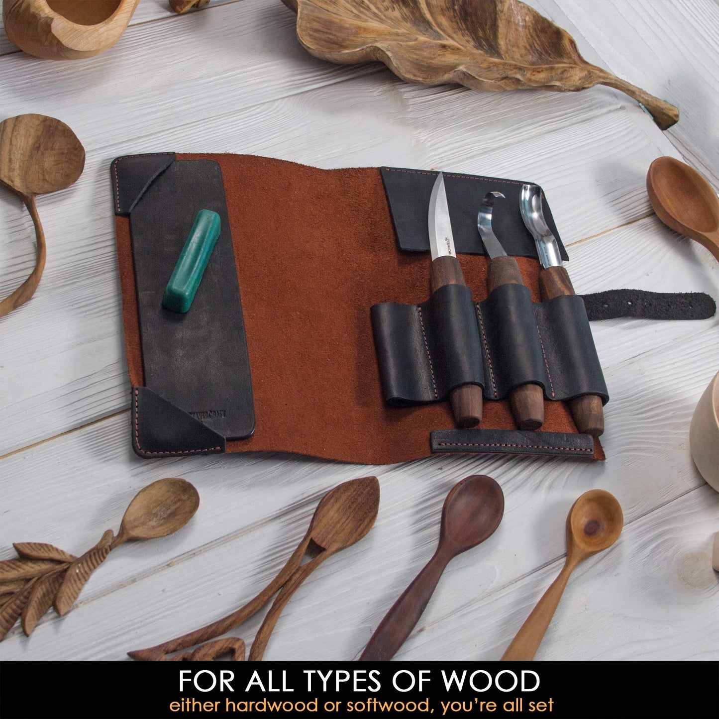 BeaverCraft Wood Spoon Carving Tools Kit S14x Deluxe - Whittling Tools Set Includes Sloyd Wood Carving Knife, Hook Knife, Gouge, Leather Roll-Up Case & Leather strop with Polishing Compound
