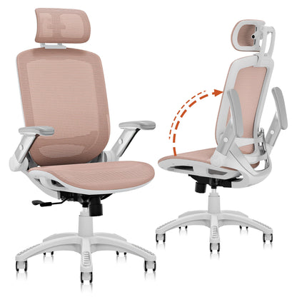 GABRYLLY Ergonomic Office Chair, High Back Home Desk Chair with Headrest, Flip-Up Arms, 90-120° Tilt Lock and Wide Cushion, 300LBS Mesh Chairs for Man Woman, White Task Chair(Pink,GY01WPK)