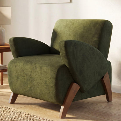 KEIKI Comfy Velvet Armchair, Luxury Accent Reading Gaming Arm Chair with Birch Legs, Oversized Decorative Single Lounge Sofa Chair, Cloud Deep Seating for Office Living Room, Easy Assembly, Green