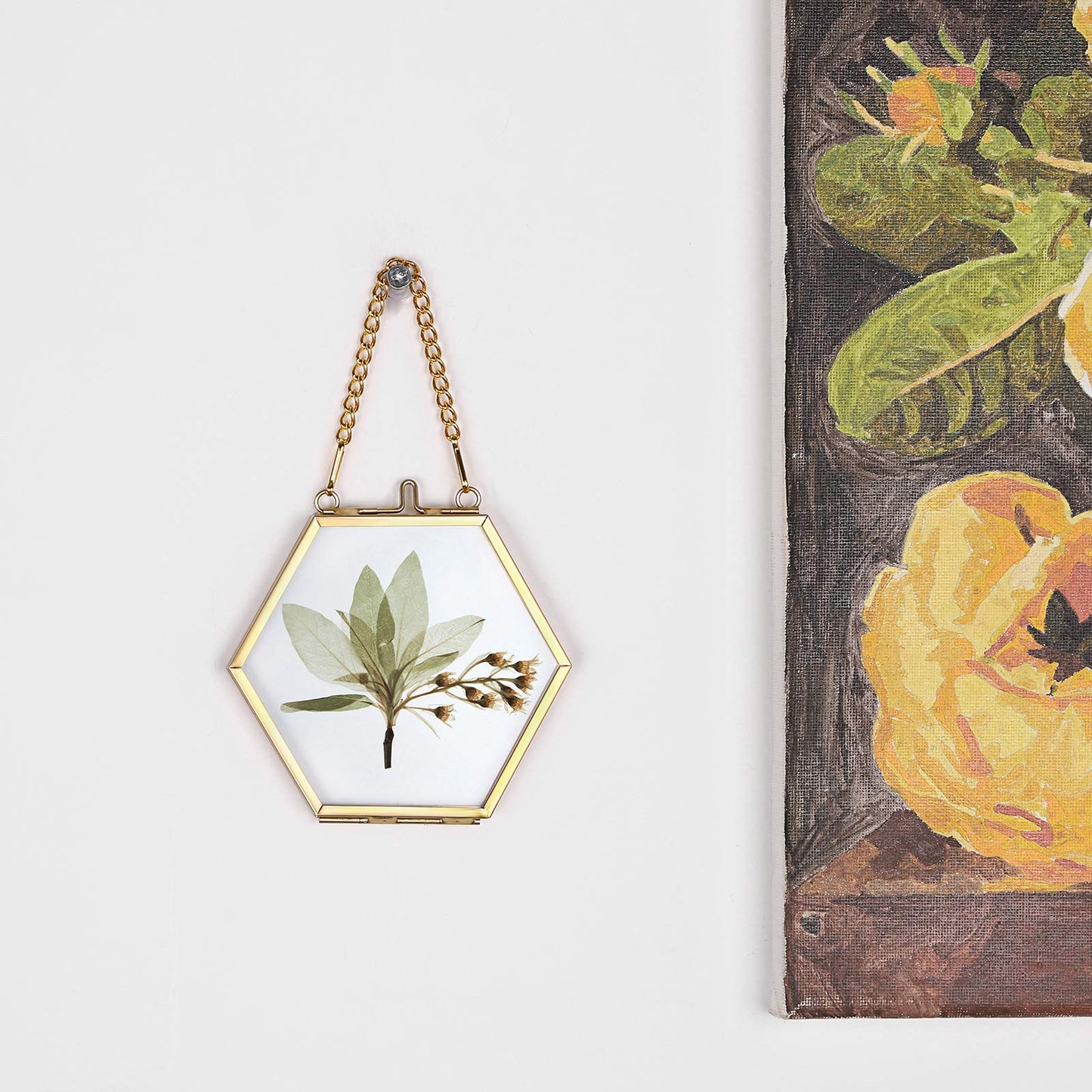 JUXYES 4 Pack Hexagon Mini Wall Hanging Brass Frames for Pressed Flowers, Double Glass Hanging Picture Artwork Display Frame, Gold Floating Style Gallery Wall Frame for Picture, Poster, etc
