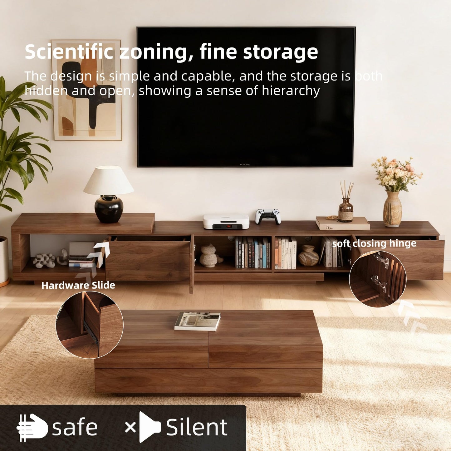 gaoyangjiaju 78.5"-105" Mid-Century Modern Extendable TV Stand, Walnut Media Console with 2 Drawers and 2 Cabinets, Fits TVs up to 100 Inches for Living Room or Bedroom