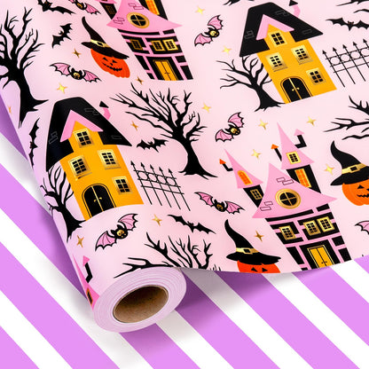 MAYPLUSS Halloween Wrapping Paper Roll, Vintage Haunted Mansion Wrapping Paper, Pink Haunted House, Pumpkin & Bat Design Halloween Day Gift Wrap for October,Holiday,Christmas Nightmare (17In X 33Ft)