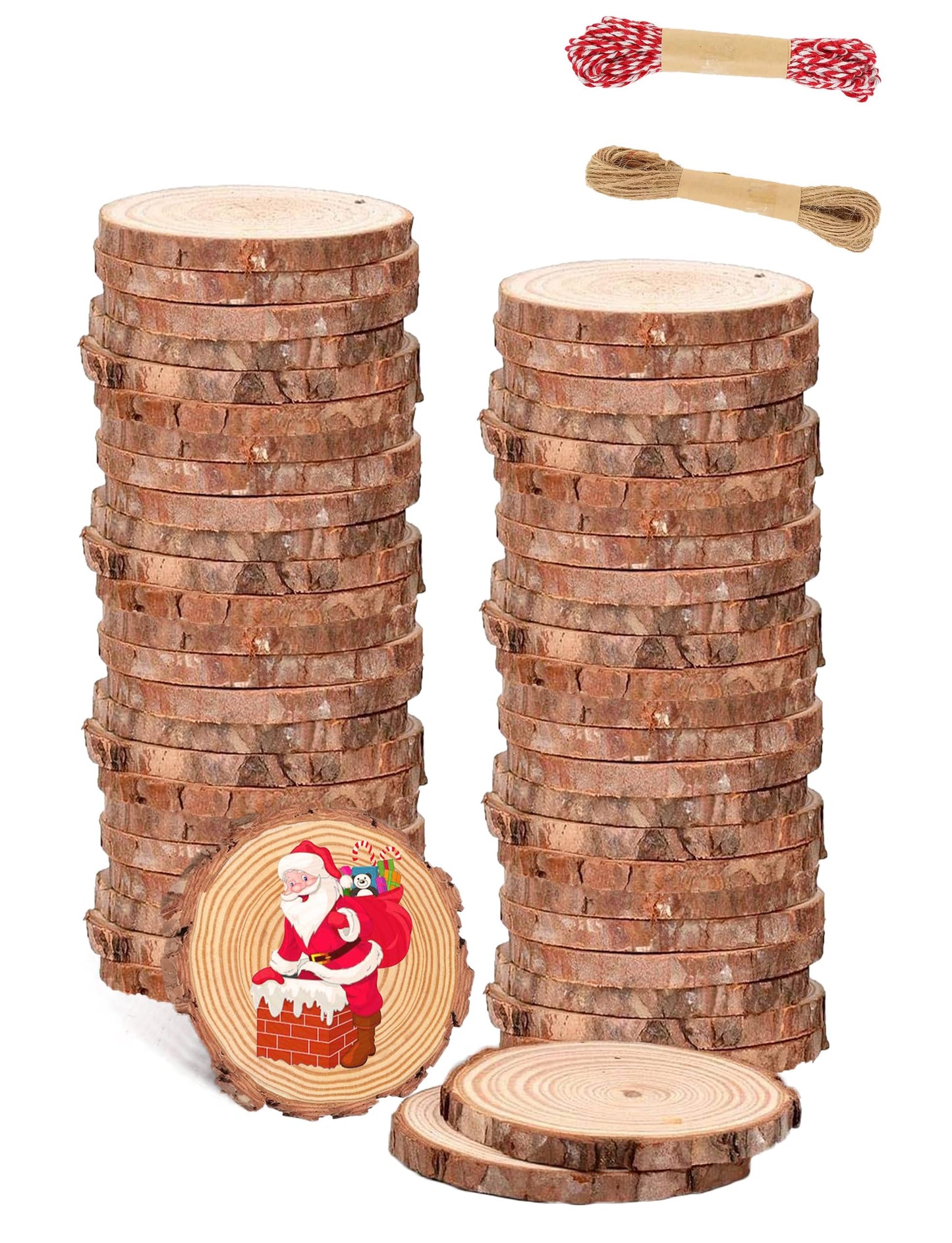 BIBRADAA Wood Slice Ornaments 54 Pcs 2.4-2.8 Inches,Unfinished Natural Wood Cookies,Predrilled with Hole Wood Slices for Crafts,Christmas Ornaments Wedding Decorations etc. ﻿
