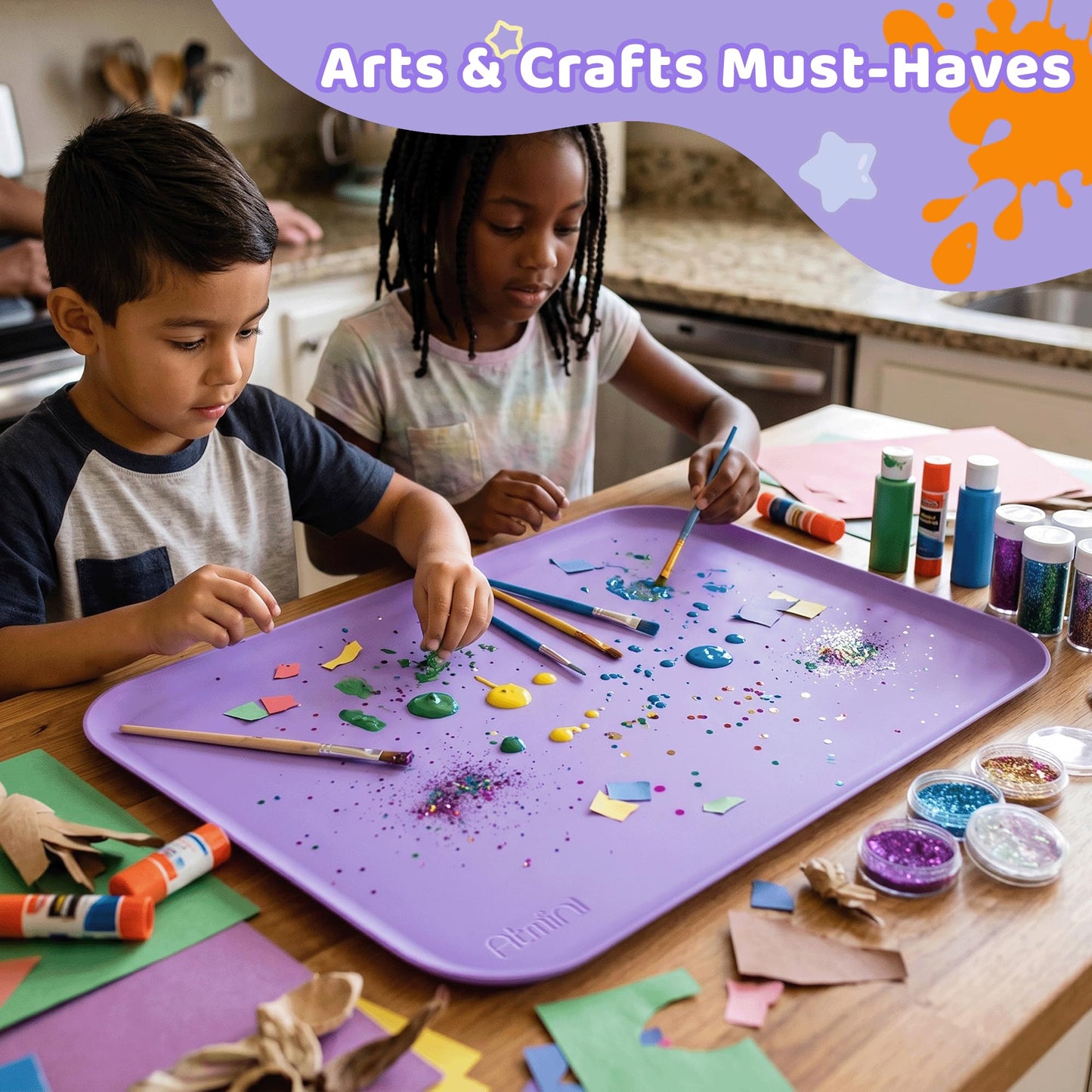 AtMini Silicone Art Mats for Kids, 24"x16" Silicone Craft Mat with Lip to Keep Clean, Play Sand, Painting, DIY Crafts Mat for Kids (Purple)
