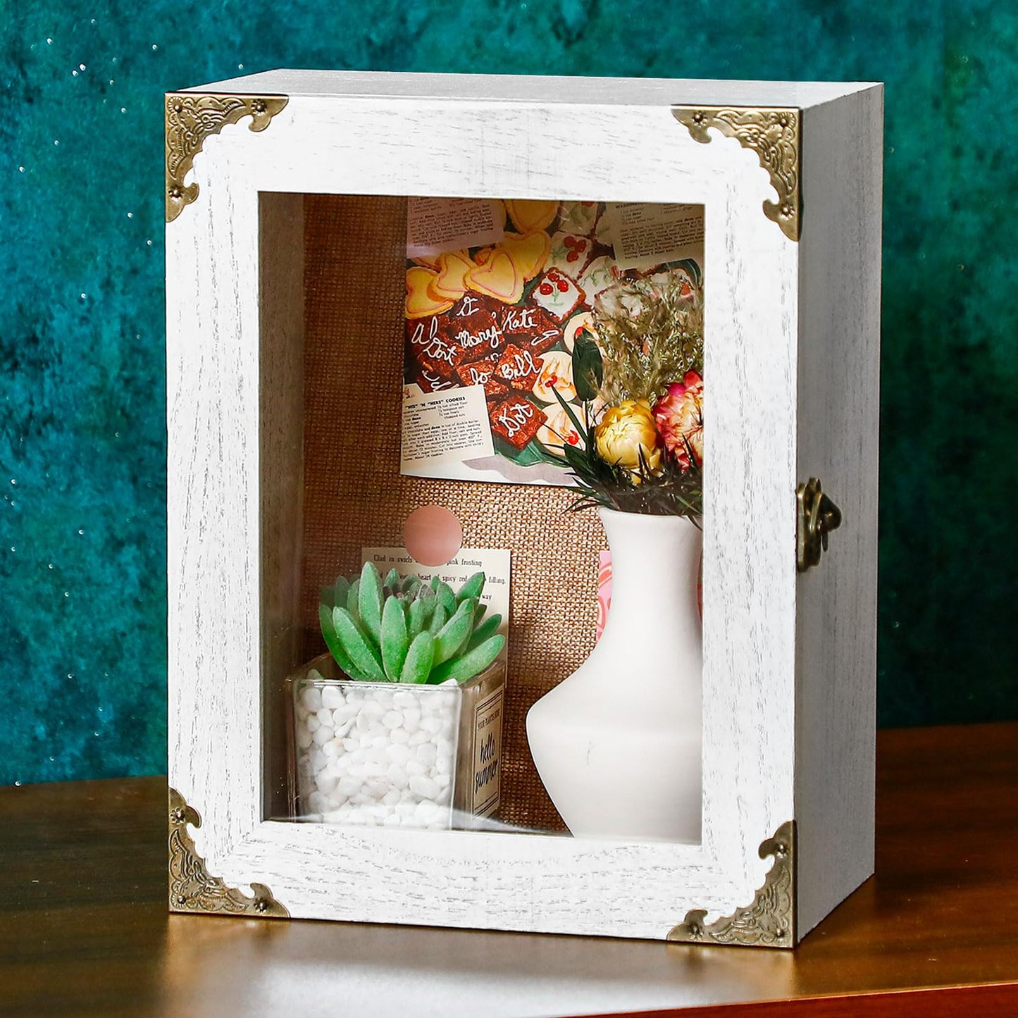 Cinnvoice 8x10 Inch Shadow Box Depth 4.7in Shadow Boxes Display Cases with Cork Board Backing Rustic Burnt Wood Box for Flowers Bouquet Wedding Picture Photo and Keepsake(White)