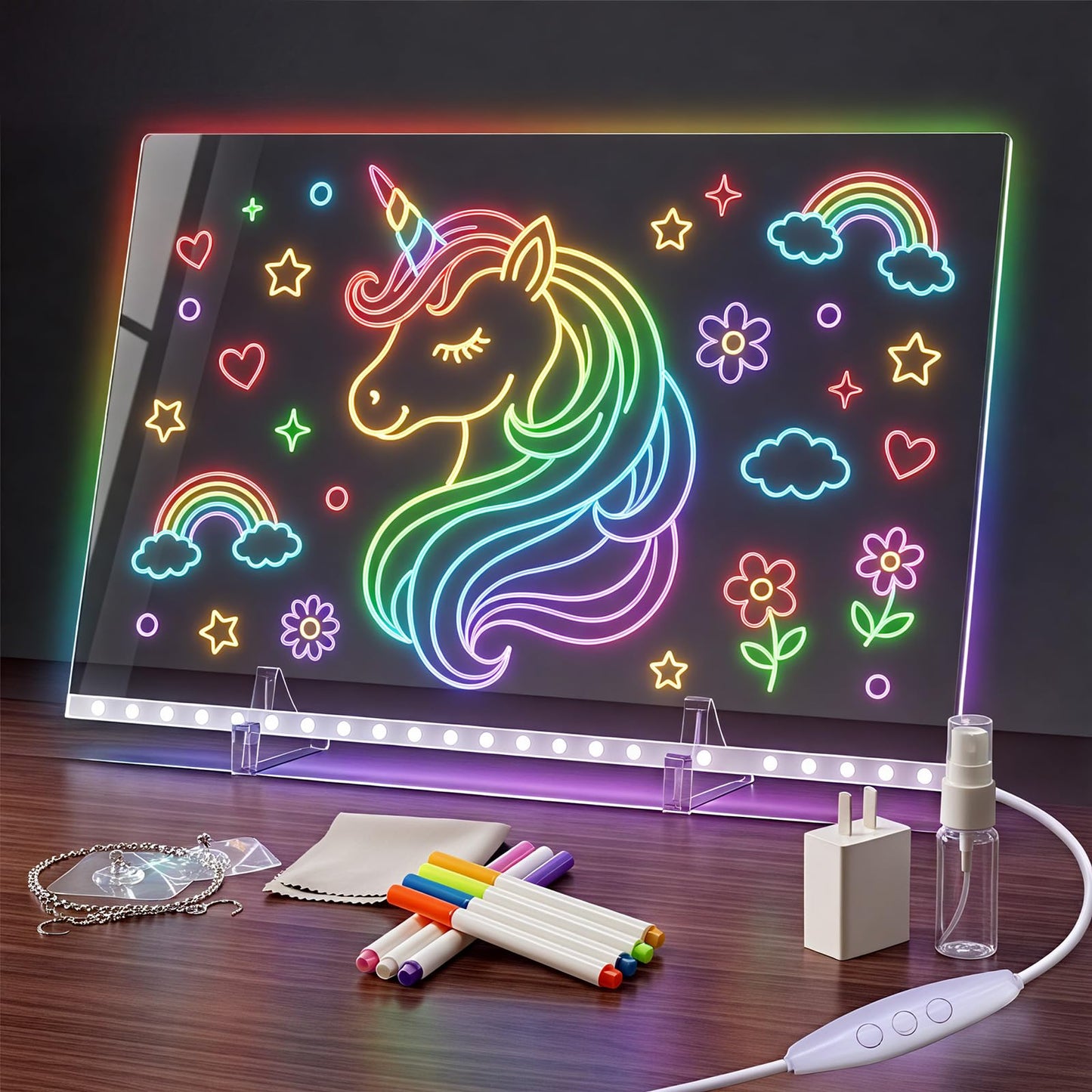 LED Drawing Board for Kids with 7 Colors - 16" Neon Light Up Glow Note Message Board Toys Includes Adapter, Christmas Bithday Gifts for Girls Ages 5-12