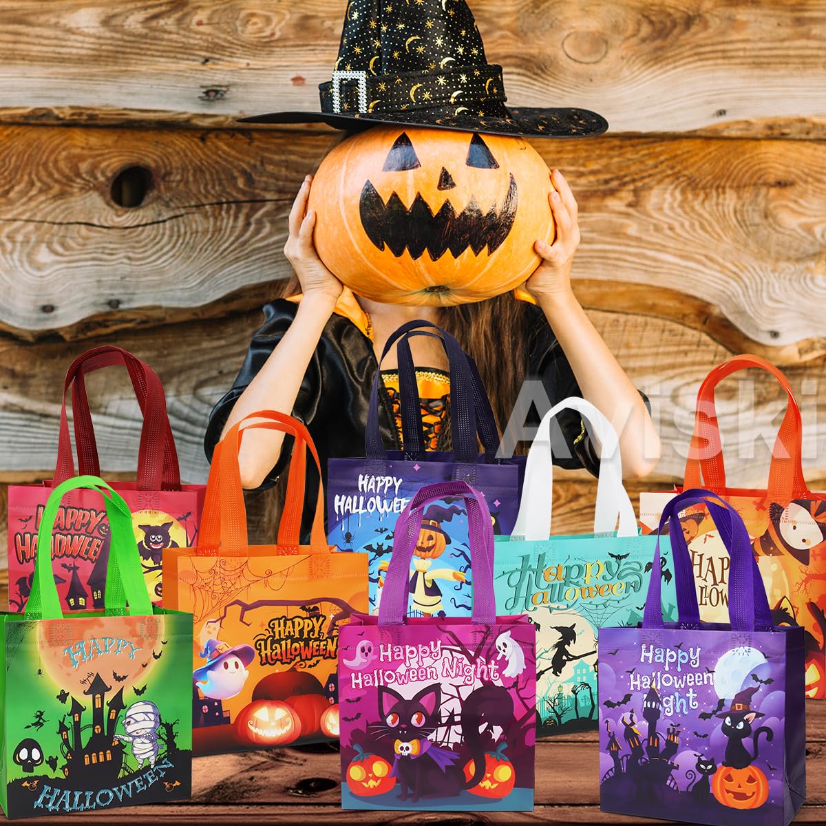 Aviski 24PCS Halloween Small Trick or Treat Bags, 7.9"×7.9"×3.15", Non-Woven Gift Tote Bags with Handles for Gifts Wrapping, Party Supplies