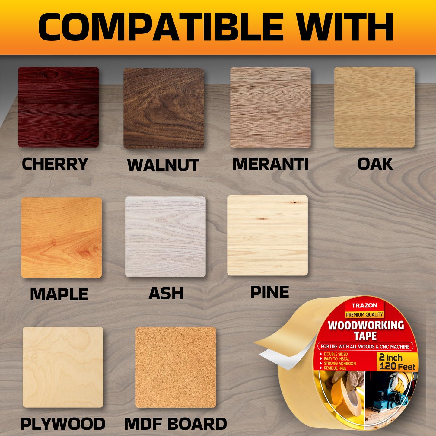 Trazon Double Sided Woodworking Tape Super Strong, 2 Inch x 120 Feet, Wood Crafter Sticky Tool, Two Side Adhesive for Router Templates and CNC Machine, Removable & Residue Free