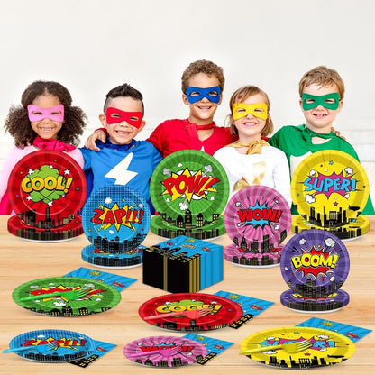 96Pcs Super Theme Hero Party Plates and Napkins Forks for Comic Heroes Birthday Decorations Hero's Action Sign Cityscape Buildings Tableware Set for 24 Guests Birthday Party Supplies Favors
