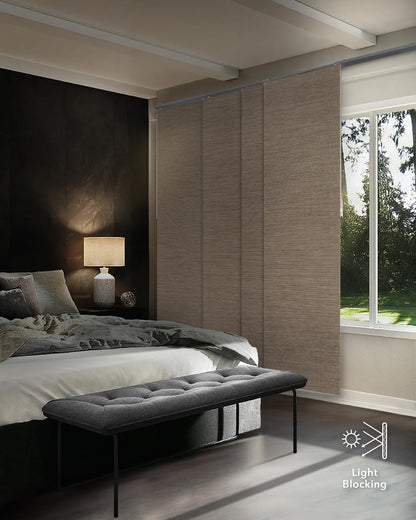 GoDear Design 99.99% Blackout Adjustable Sliding Panel Track Blinds for Sliding Glass Doors 45.8"- 86" W x 96" H, Extendable Vertical Blinds, Trimmable Natural Woven Panel, Bali Cottages