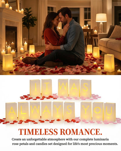 JZLiner It was Always You Light Up Letters Include Romantic Fake Rose Petals and LED Candles Heart Balloons Set Decorations